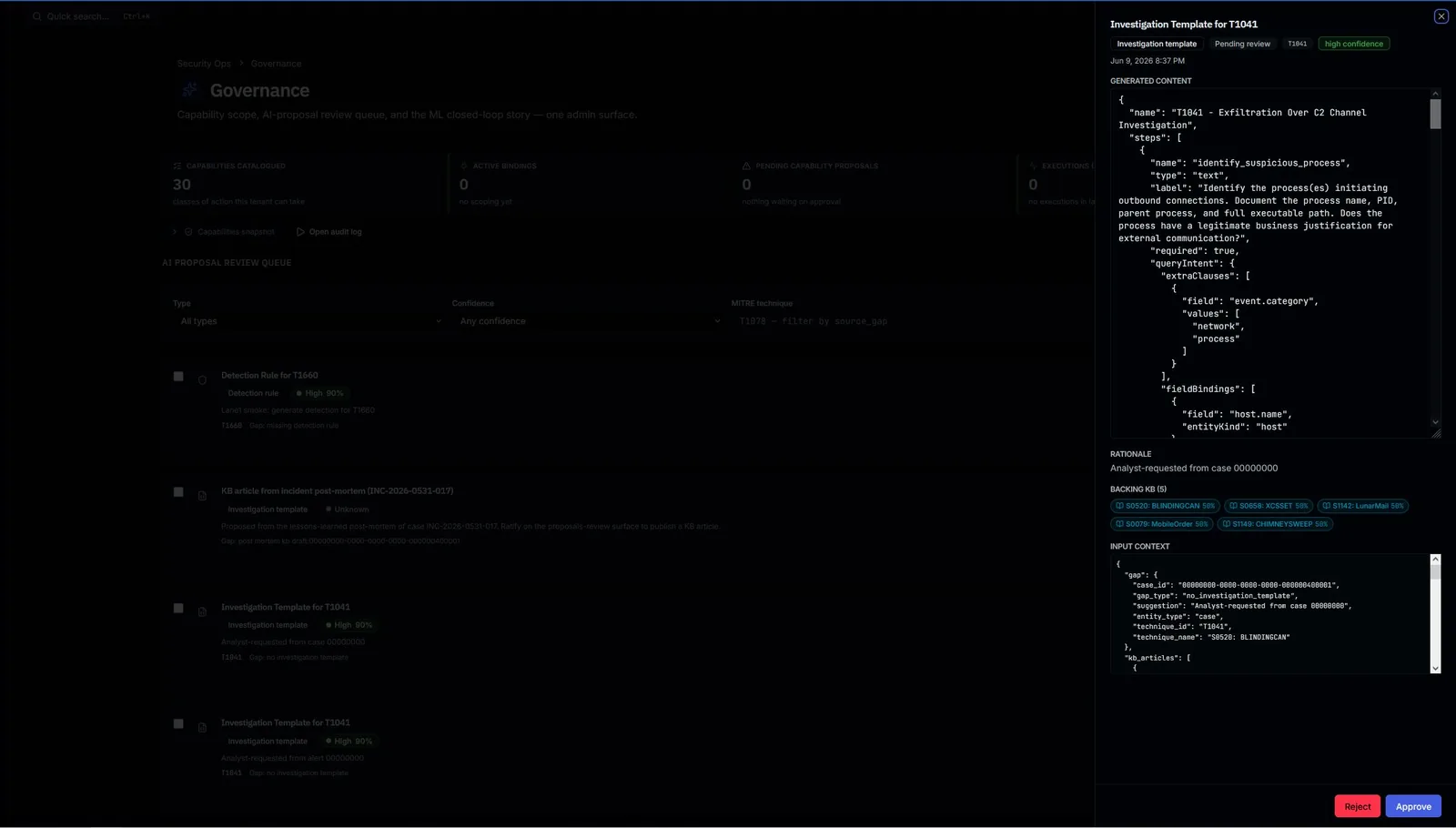 Warlog governance surface: AI proposal review queue with a generated JSON investigation manifest, its rationale, backing knowledge, and approve or reject controls.