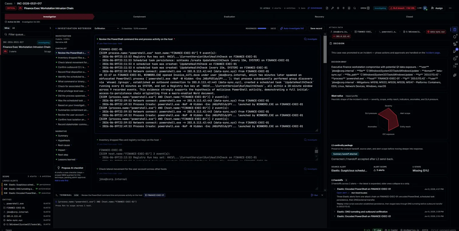 Warlog case investigation IDE: notebook with checklist and narrative, attack path, blast radius, scope, and L1 handoff package.